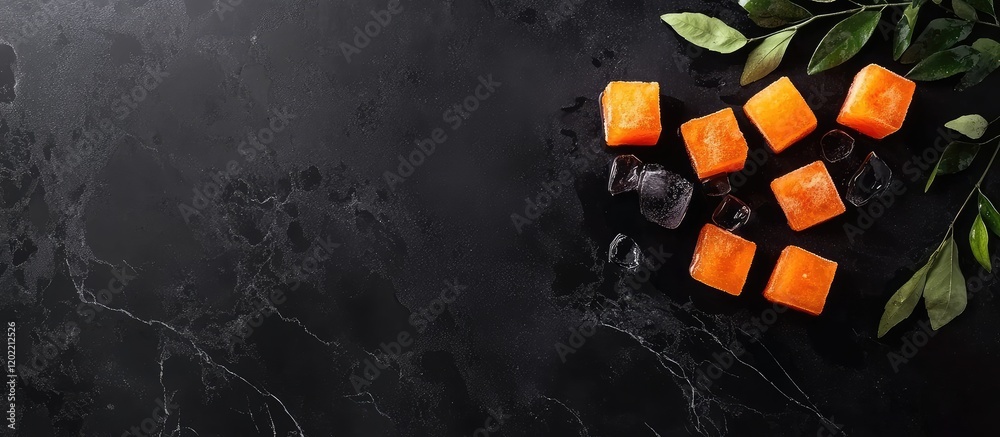 Poster freshly cut orange cubes on a dark marble surface surrounded by green leaves with copy space for tex