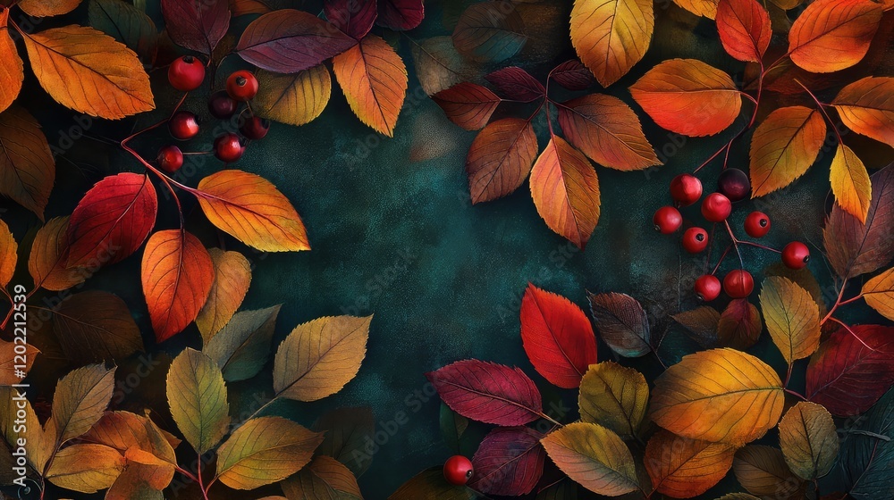 Aufkleber autumn leaves frame with vibrant colors and berries on dark background with copy space for text inse