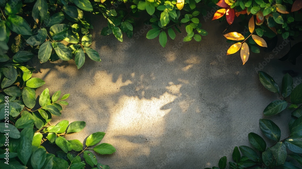 Poster Lush green foliage framing a textured stone background with copy space for text placement