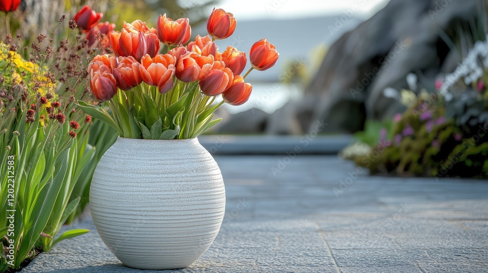 Aufkleber vibrant orange tulips arranged in a textured white vase with a garden background and soft lighting c