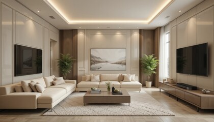 Modern cozy living room with fireplace and stylish furniture