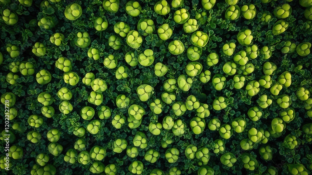 Poster Green agricultural field with rows of leafy plants viewed from above, textured background with Copy Space for text