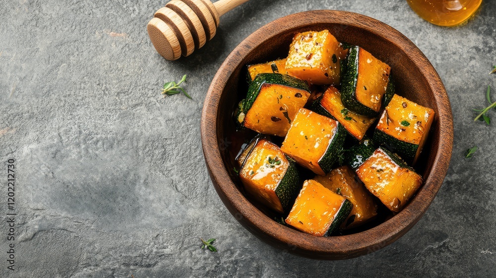 Poster bowl of roasted pumpkin cubes with honey drizzle and herbs on gray textured background copy space