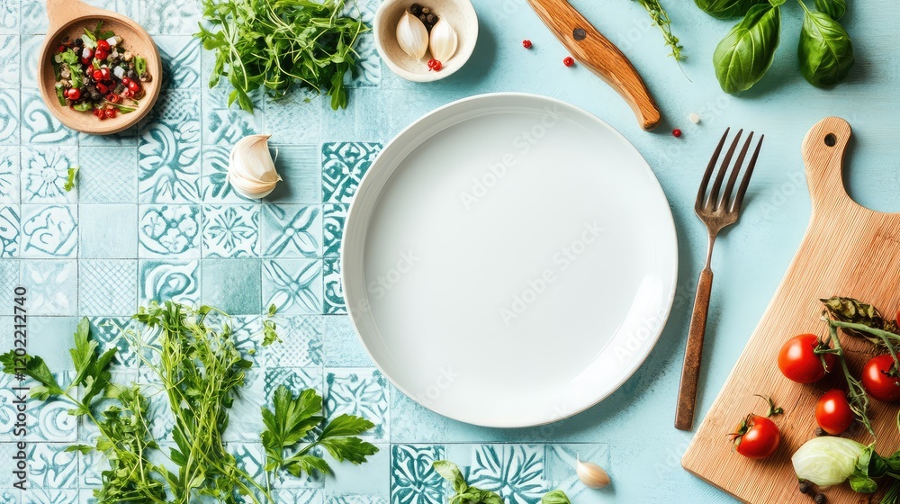 Aufkleber fresh ingredients and herbs arranged around an empty white plate on a decorative blue tiled surface 