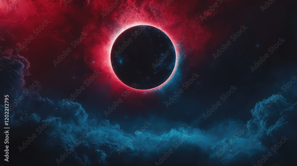 Aufkleber cosmic scene featuring a total solar eclipse with a dark silhouette against a dramatic red and blue 