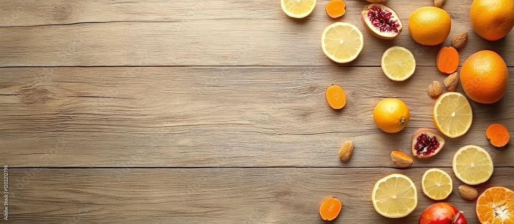 Poster fruits on rustic wooden table with copy space including oranges pomegranate and mandarin