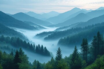 Obraz premium mystical mountain landscape at dawn, layers of rolling peaks disappearing into ethereal fog banks, muted earth tones