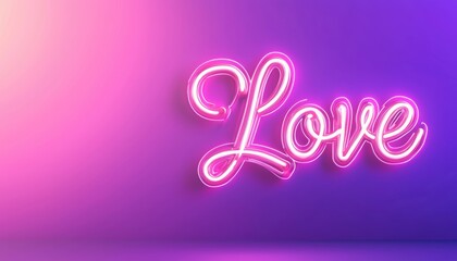 A glowing neon sign displaying the word "Love" against a vibrant gradient background of pink and purple hues.
