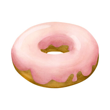 recommend clip art: Donut . Pink glaze doughnut. Watercolor hand painted sweet food dessert illustration isolated on white background