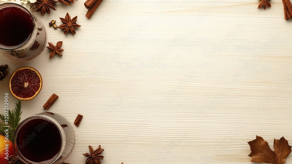 Poster warm beverage with spices and dried fruits arranged on a wooden table with copy space for text.