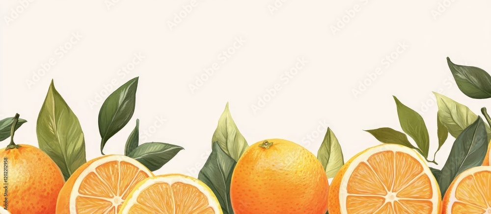 Poster citrus fruit background with oranges and green leaves on a light beige surface featuring ample copy 