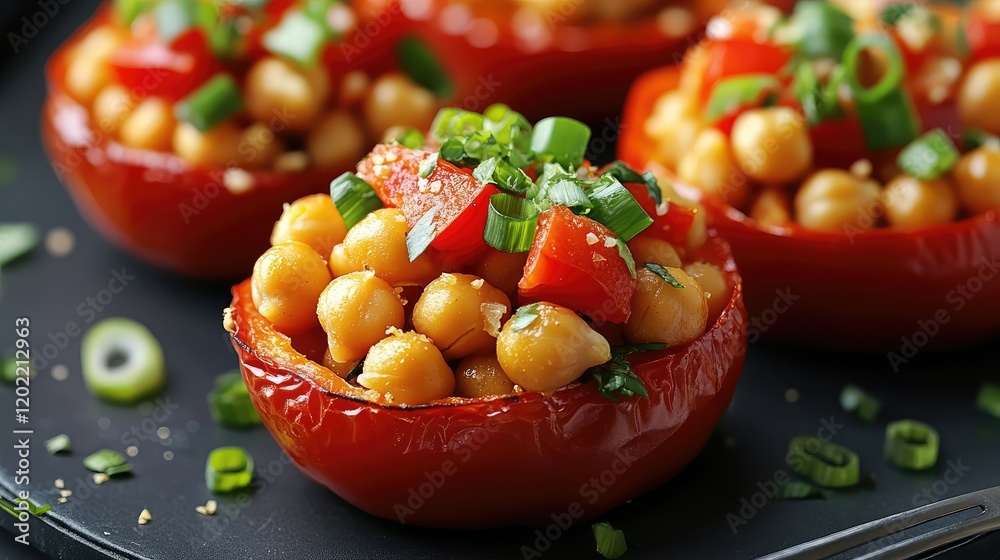 Poster stuffed tomatoes with chickpeas and vegetables garnished with green onions on a black plate with cop