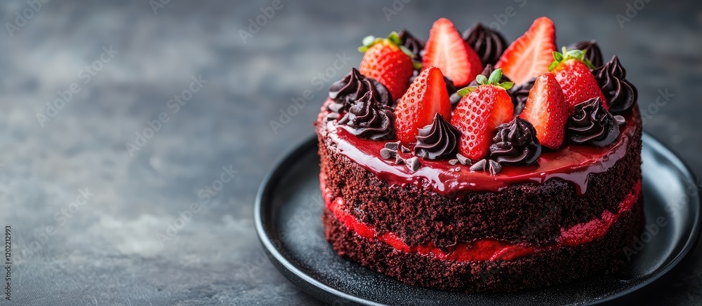 Poster chocolate cake with strawberries and chocolate cream on a black plate against a textured background 