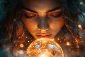 Naklejka premium mystical woman standing in twilight, her intense gaze directed at a glowing crystal ball, surrounded by swirling energies, evoking a sense of prophecy and spiritual connection