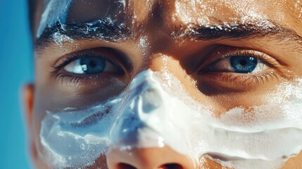 Close-up of young male face with blue eyes and facial cream for skincare against a blue background Copy Space