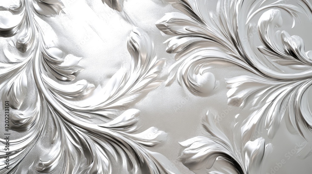 Poster decorative embossed silver floral pattern with glossy finish and intricate detailing on textured bac