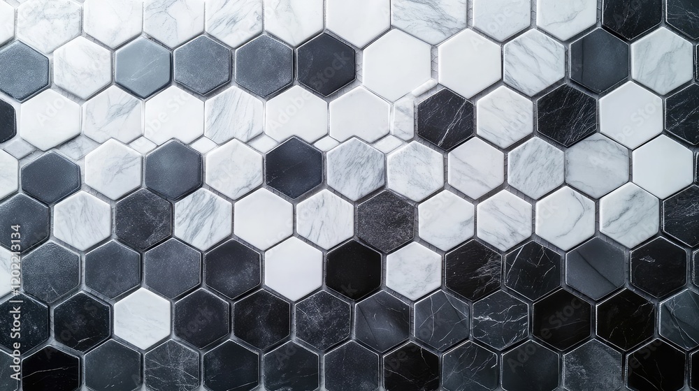 Poster Hexagon Mosaic Tile Pattern in Black and White Color Scheme with Marble Textures and Copy Space