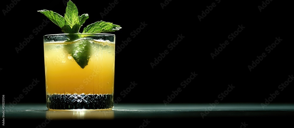 Poster Cocktail with mint garnish in a glass on a dark background with Copy Space for text insertion