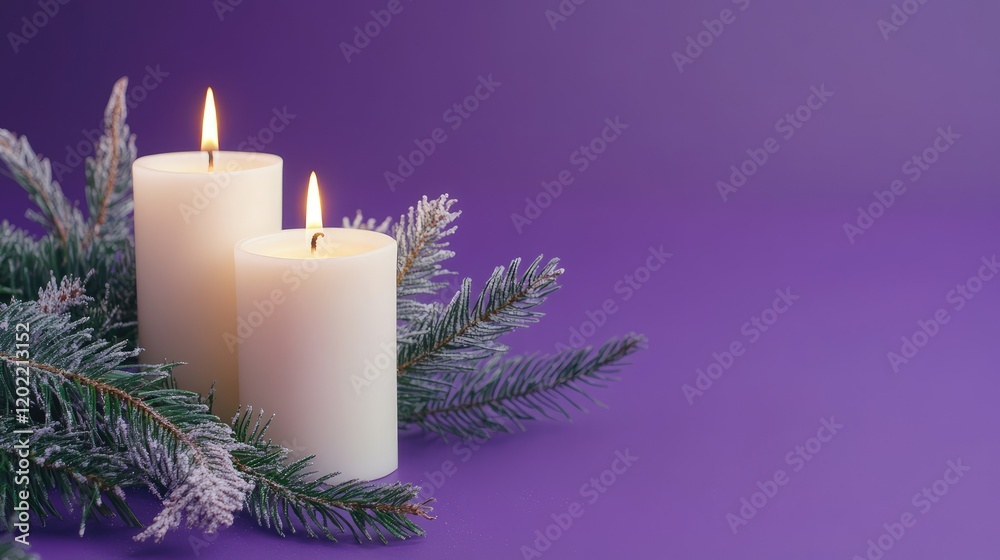 Poster Two white candles with flames on a purple background surrounded by evergreen branches with frost Copy Space