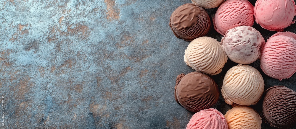 Poster Assorted ice cream scoops on a textured blue surface with copy space for text