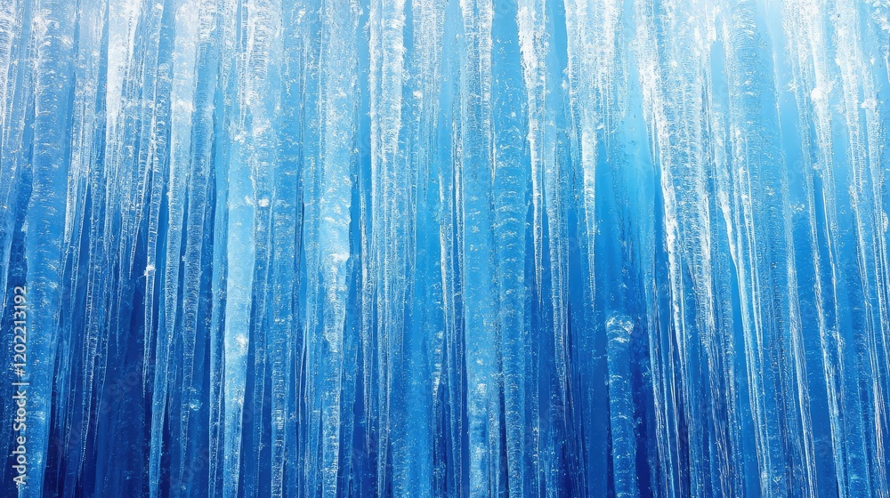 Aufkleber icicles hanging from a roof with blue ice background and light reflection copy space