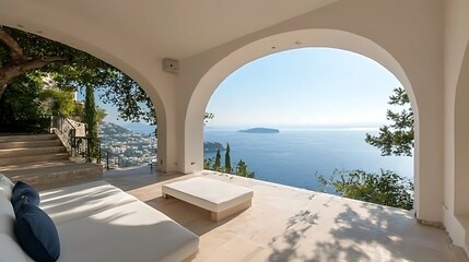 Fototapeta premium Serene coastal villa terrace with panoramic ocean view, featuring modern lounge area and greenery