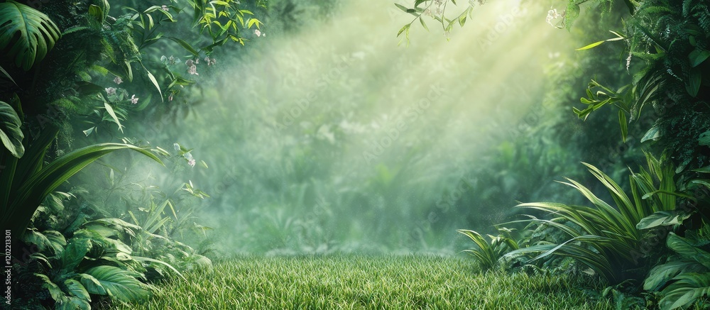 Poster lush green tropical rainforest with sunlight beams breaking through foliage and mist creating a sere