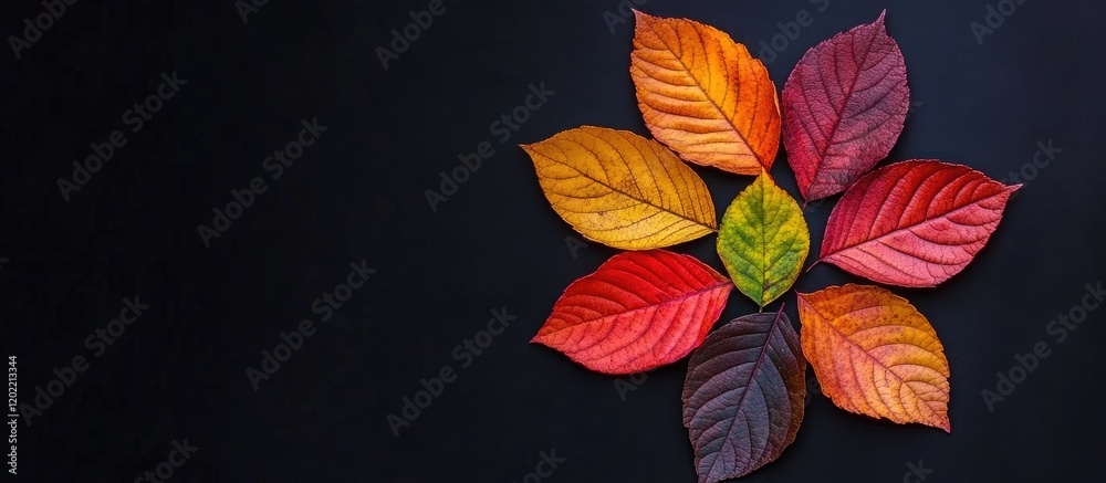 Poster Colorful autumn leaves arranged in a floral pattern on a black background with ample copy space for text.