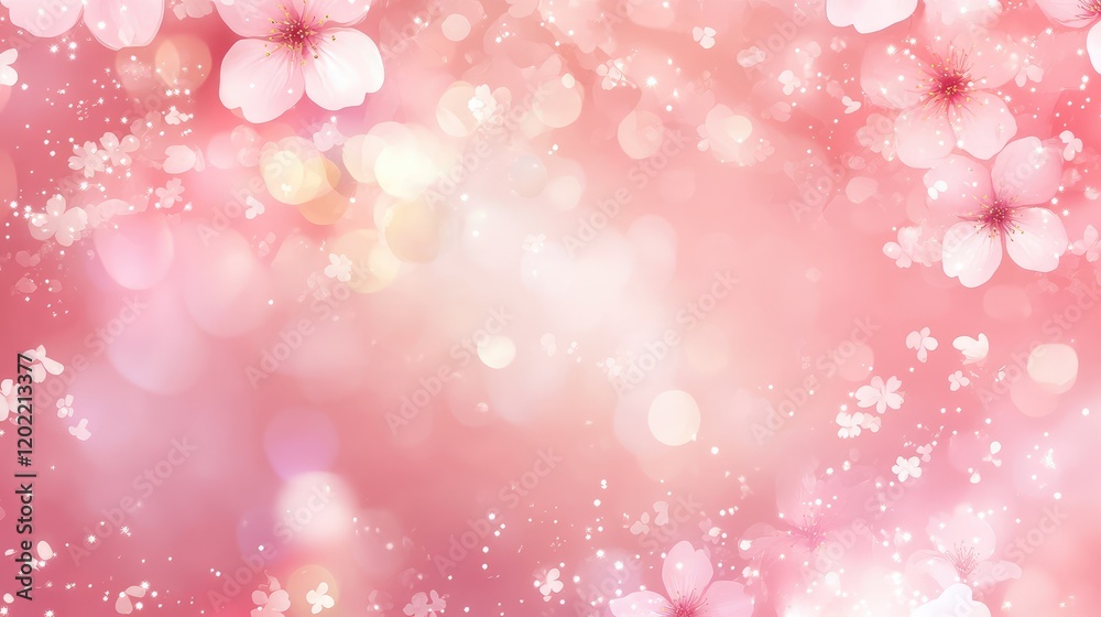 Poster soft pink floral background with bokeh lights and subtle cherry blossom elements, ideal for feminine