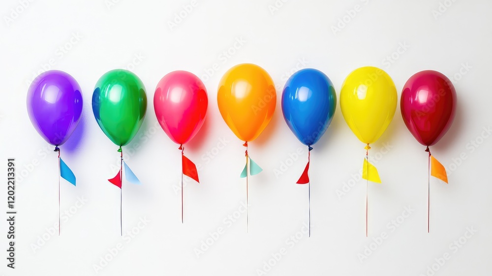 Poster colorful balloons in a row hanging against a plain white wall with copy space for text. bright party