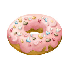 Donut . Pink glaze doughnut with colorful heart sprinkles. Watercolor hand painted kids sweet food dessert illustration