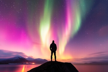 Fototapeta premium man standing on rock under vibrant aurora borealis, surrounded by mountains and serene lake, creates breathtaking scene of natural beauty and wonder