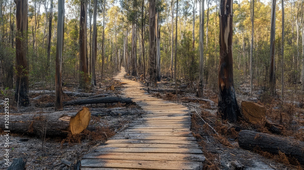 Aufkleber wooden walkway through a forest with fallen trees and lush greenery copy space