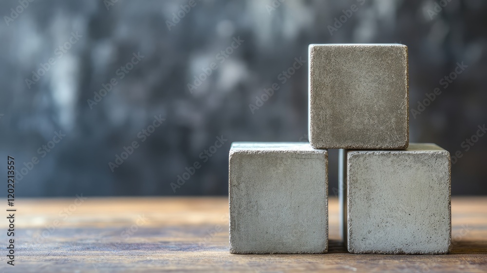 Poster Concrete cubes arranged on a wooden surface with a blurred dark background featuring Copy Space for text placement.