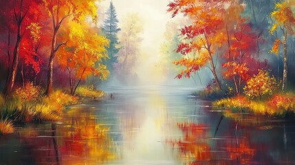 Autumn landscape with vibrant orange and yellow foliage reflecting on calm water in misty setting Copy Space