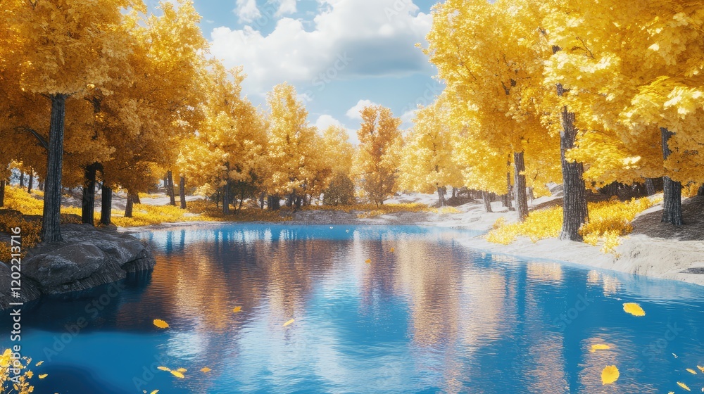 Poster vibrant autumn landscape with bright yellow trees reflecting in a calm blue lake under a clear sky w