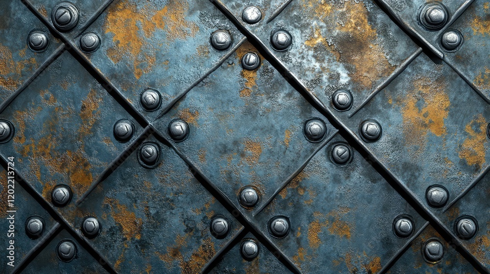 Poster Rusty metal texture background with rivets and a diagonal pattern featuring corrosion and wear, ideal for industrial design, Copy Space