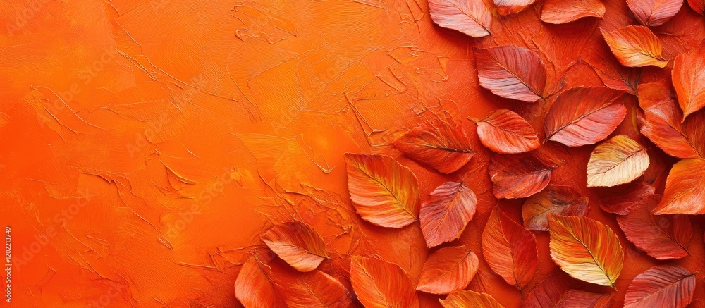 Aufkleber Autumn leaves composition on vibrant orange backdrop with textured surface and Copy Space for text insertion.