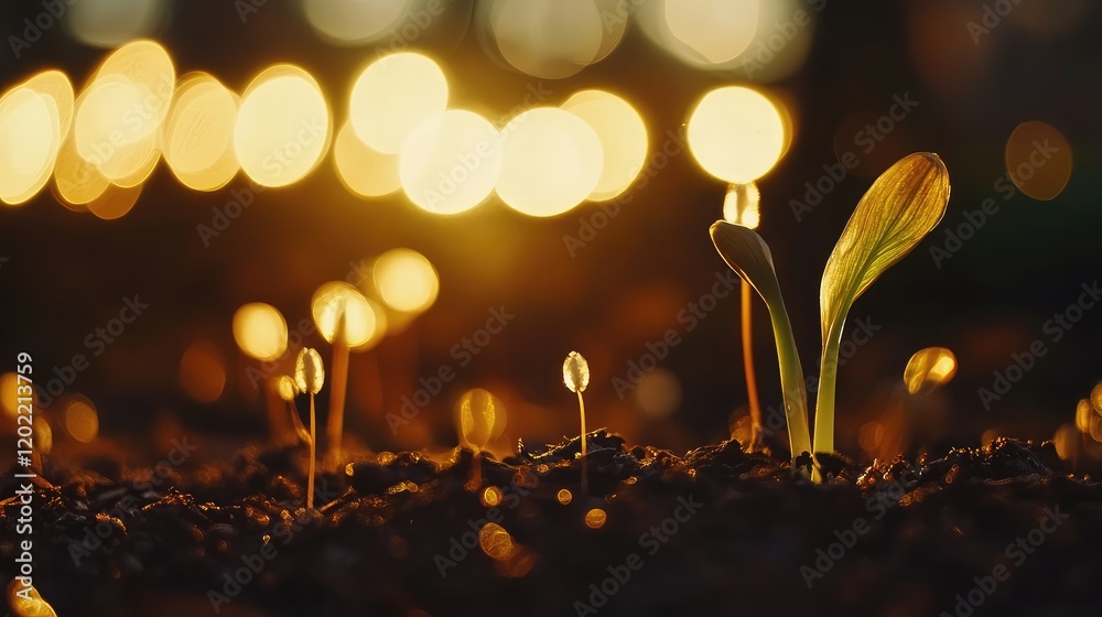 Aufkleber Seedlings emerging from soil under warm bokeh lights with copy space for text