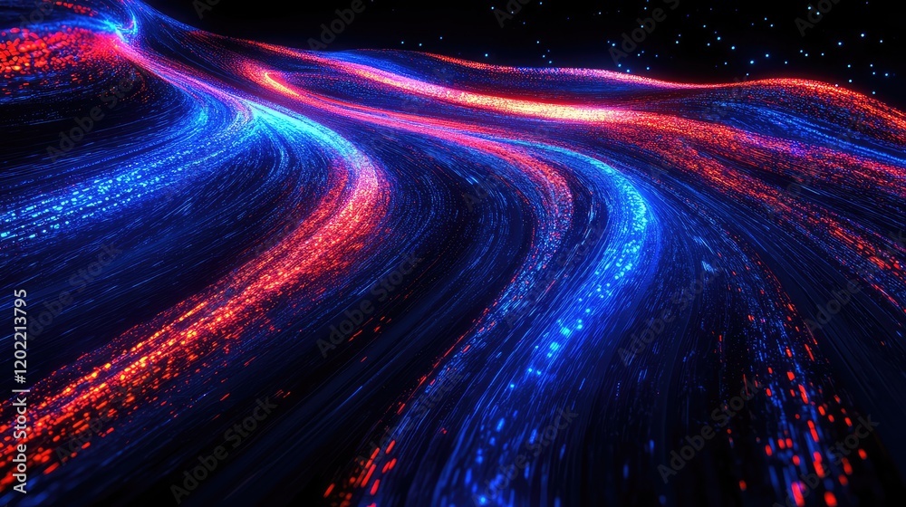 Poster Colorful abstract light trails in red and blue against a dark background, with a wavy pattern and Copy Space for text.