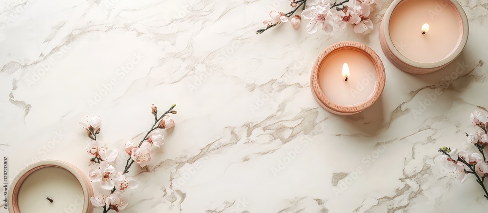 Aufkleber minimalist flat lay of decorative candles and cherry blossom branches on a marble surface with copy 