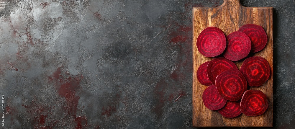 Poster sliced red beets arranged on a wooden cutting board with a textured dark background and copy space f