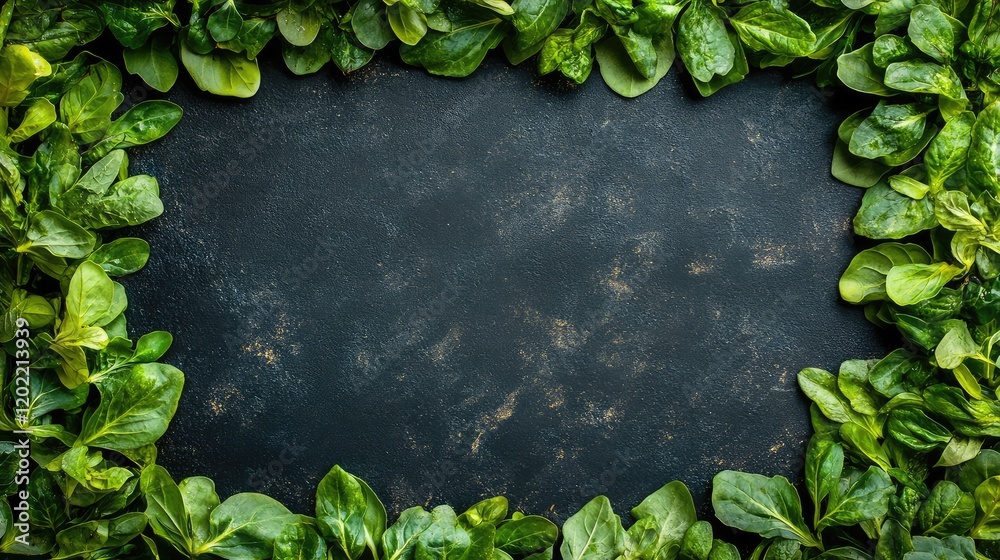 Leinwandbilder Green leafy frame surrounding a dark textured surface with ample copy space for adding text or graphics