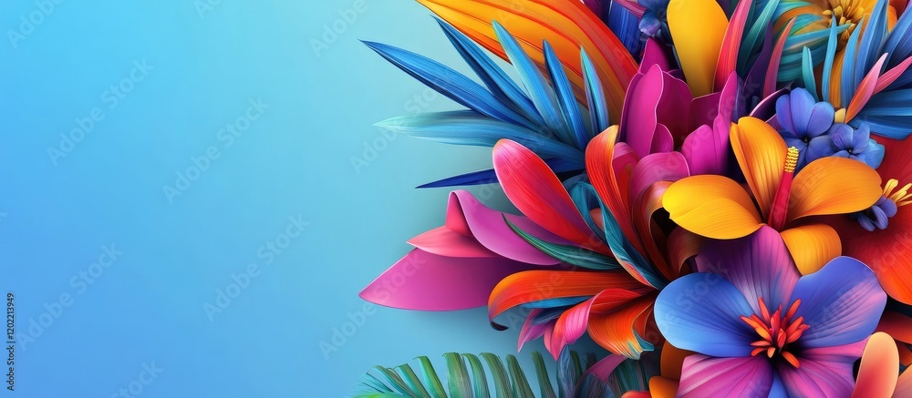 Poster colorful tropical flowers and leaves on a gradient blue background with ample copy space for text pl