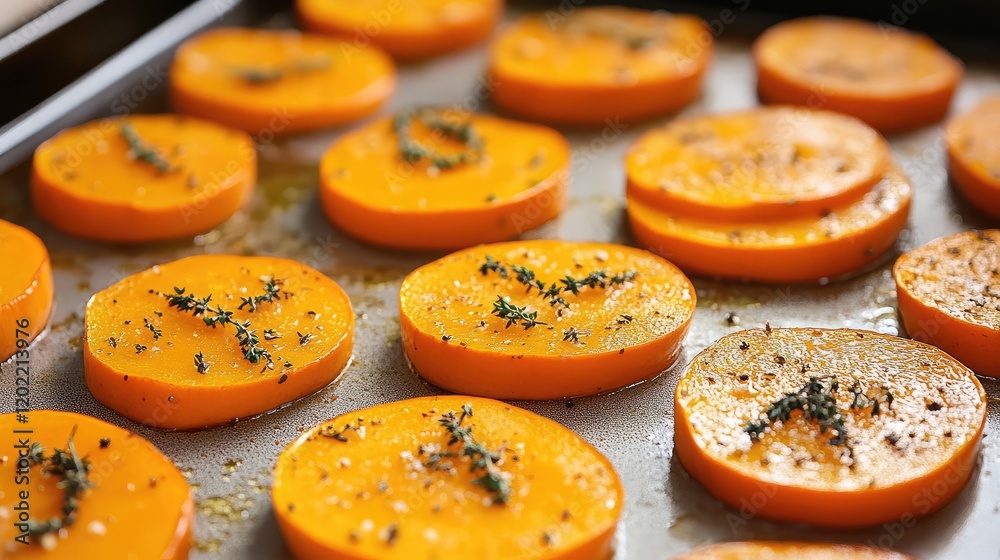 Poster sliced roasted butternut squash seasoned with herbs on a baking sheet with copy space for text.