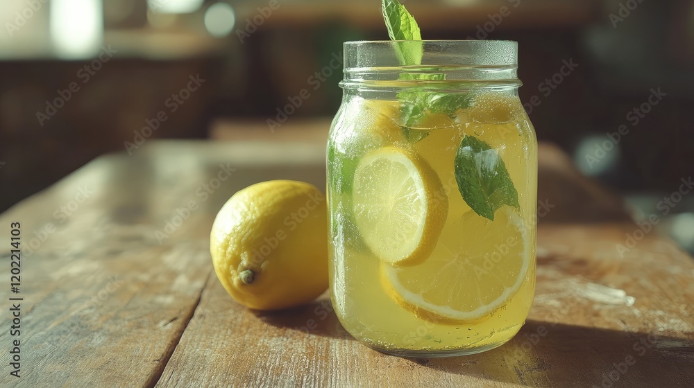 Poster fresh lemonade beverage in a glass jar with lemon slices and mint leaves on wooden table copy space