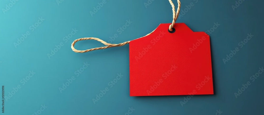 Aufkleber Red blank price tag with string on a blue background featuring copy space for text or pricing information.