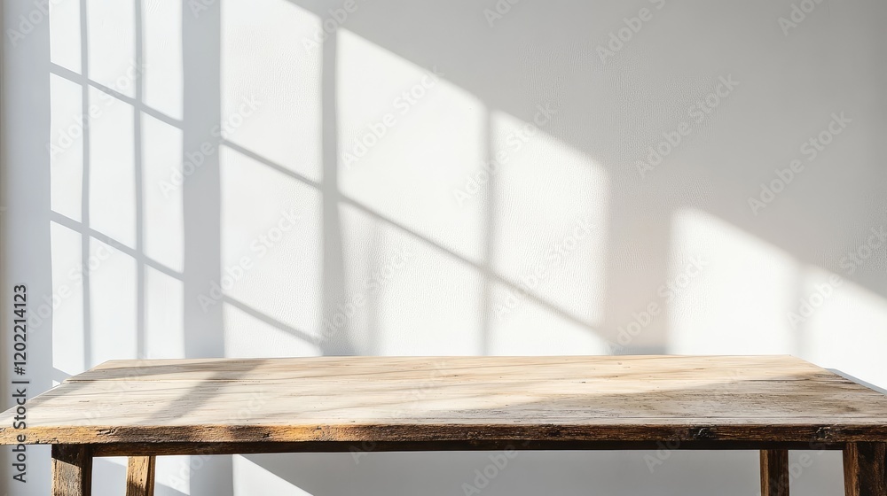Poster Wooden table casting shadows from window on plain wall with copy space for text or branding