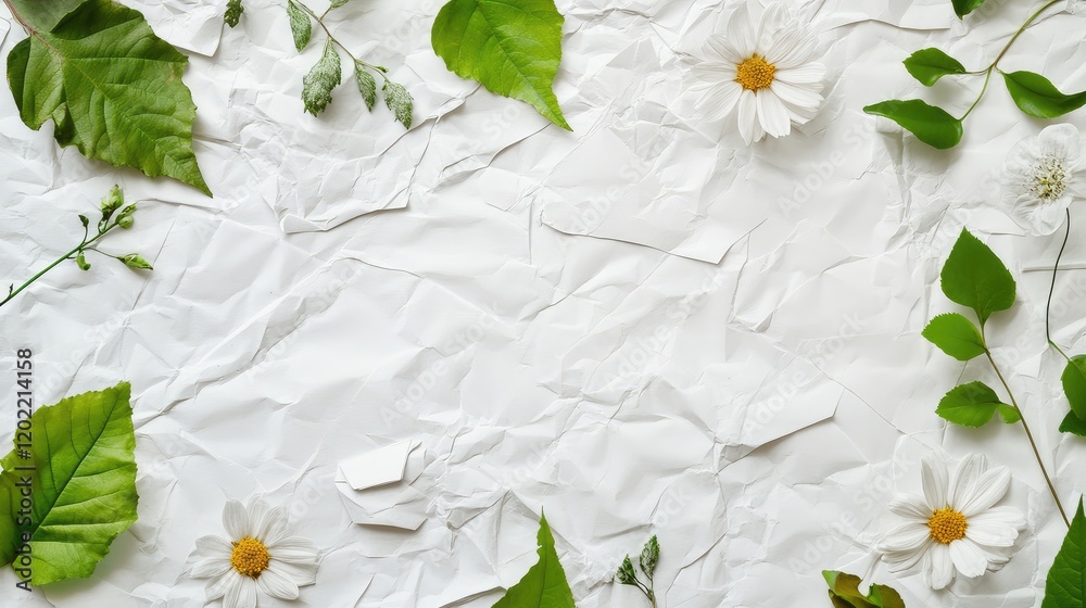 Poster flat lay composition of green leaves and white daisies on wrinkled white paper background with ample
