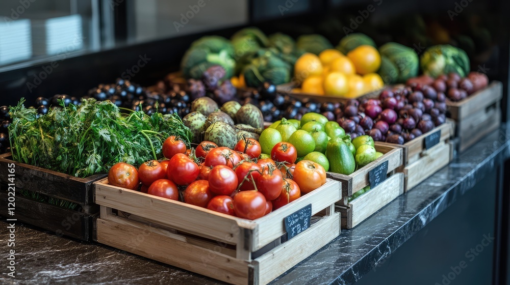 Aufkleber Fresh assorted fruits and vegetables in wooden crates on a table with copy space for text
